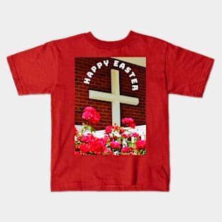 Happy Easter Cross and Red Flowers Kids T-Shirt